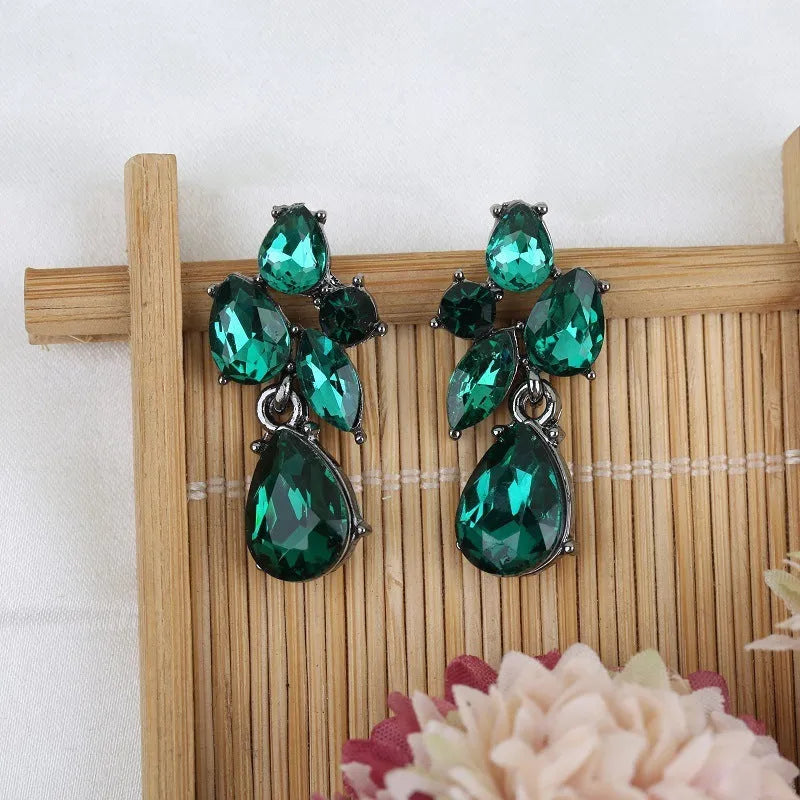 Drop shape glass crystal steel needle earrings in five colours: green, gray, dark blue, yellow, colorful blue
