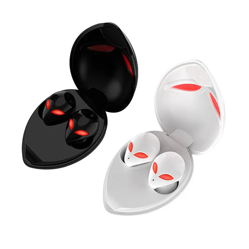 Creative Outer T8 Starman alien-design wireless Bluetooth earbuds in red or blue with a charging case.