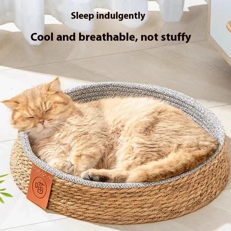 Natural woven rattan cat bed nest for pets, shown in size L.
