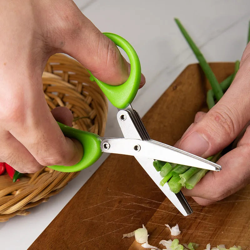 Stainless steel multi-layer onion scissors for cutting herbs and green onions.