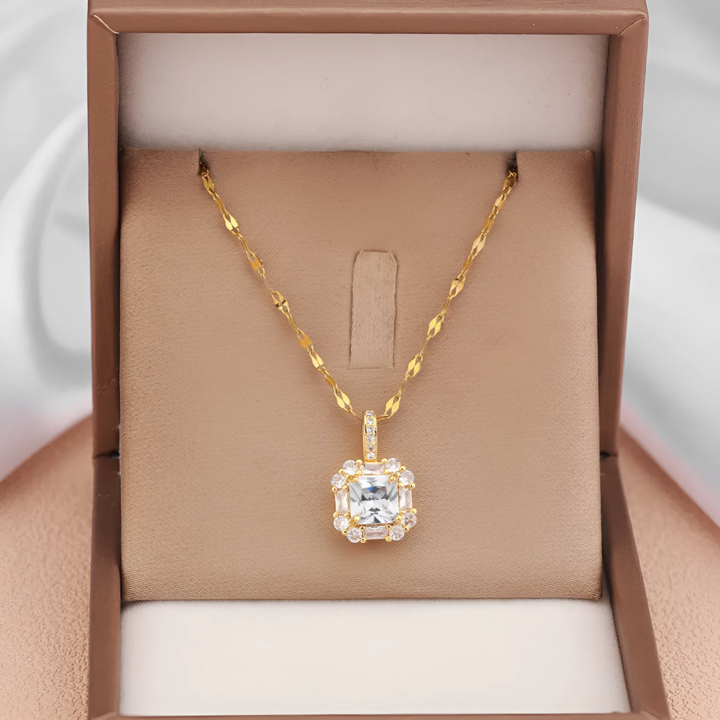 Women's titanium steel geometric zircon clavicle chain necklace with water wave chain in gold.