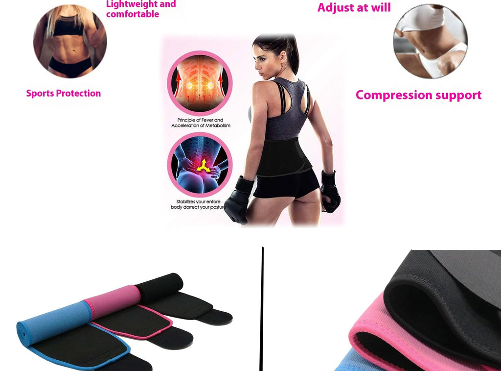 Neoprene lumbar support fitness belt in black, blue, or pink for waist protection.