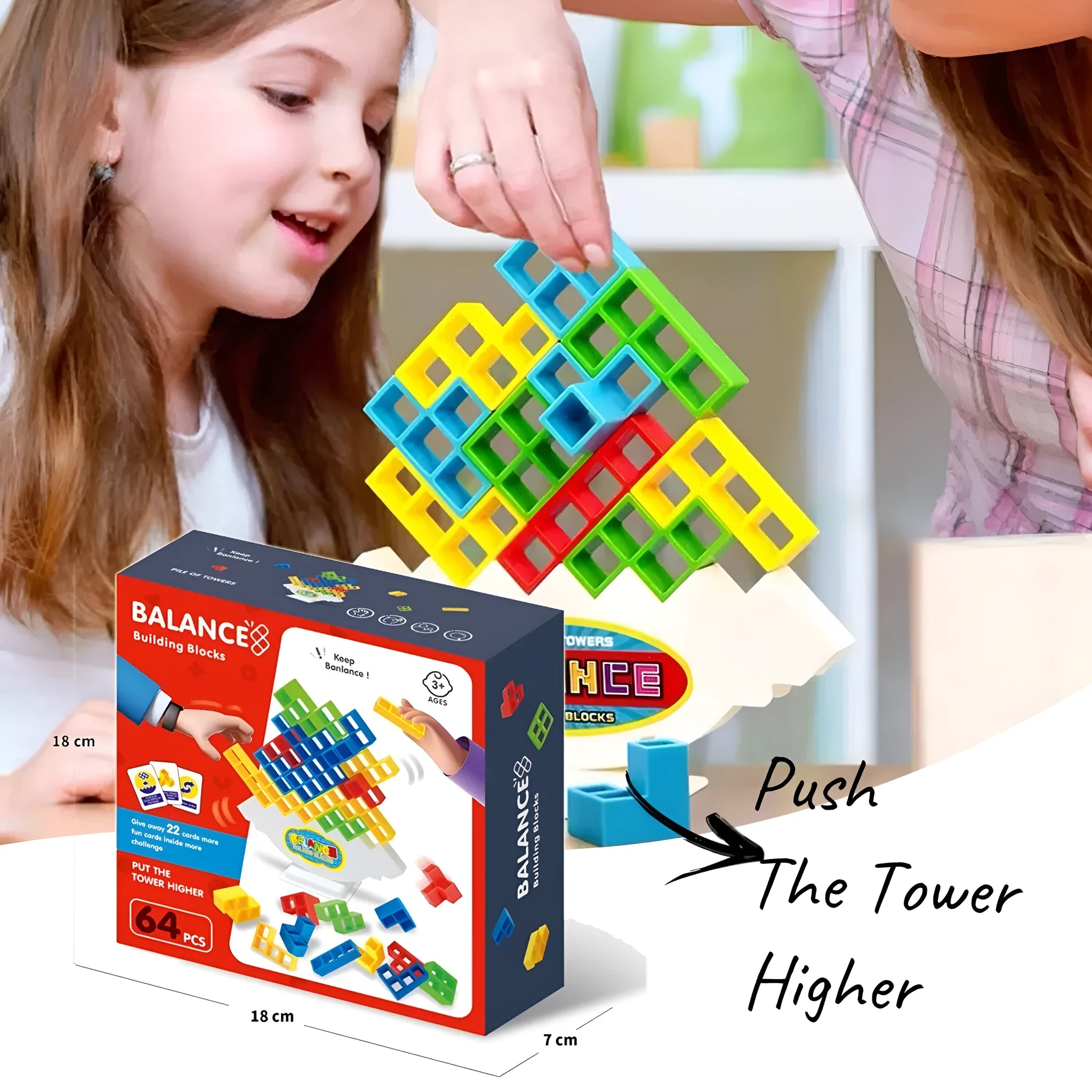 Plastic balance stacking board game with coloured blocks, chassis, and base for kids and adults.