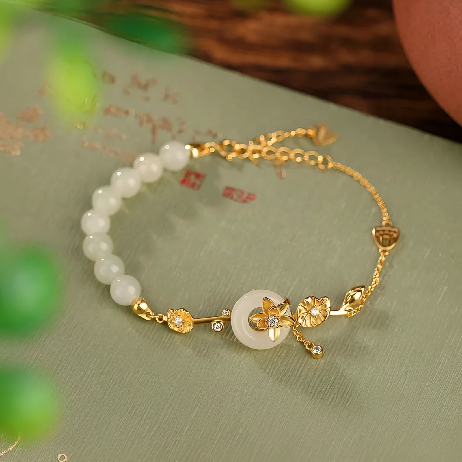 Hetian jade lotus peace buckle bracelet in 925 sterling silver with gold or silver plating