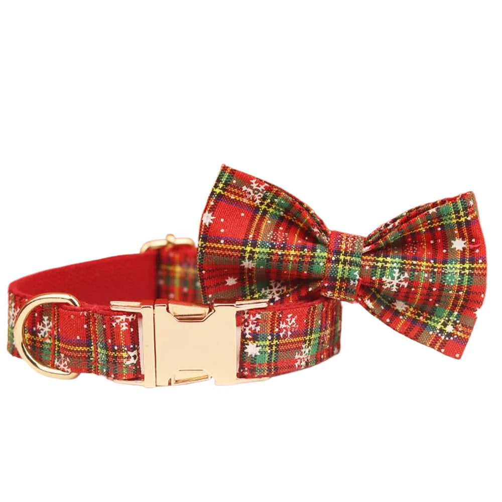 Red snowflake plaid Christmas pet collar and leash set with matching dog vest and decorative bow