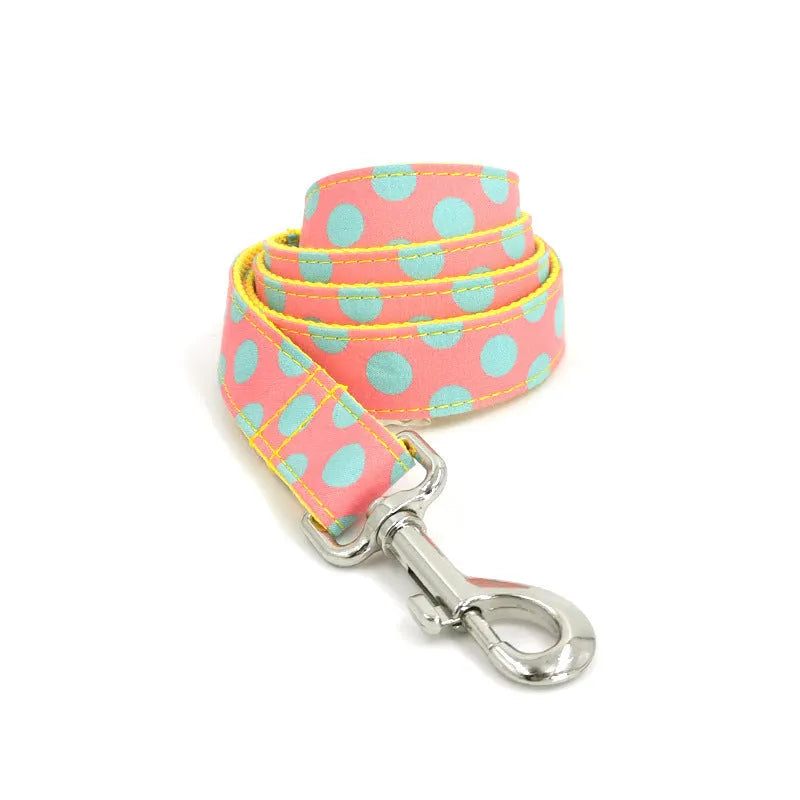 Yellow polka dot dog collar and matching lead rope set with a decorative bow.