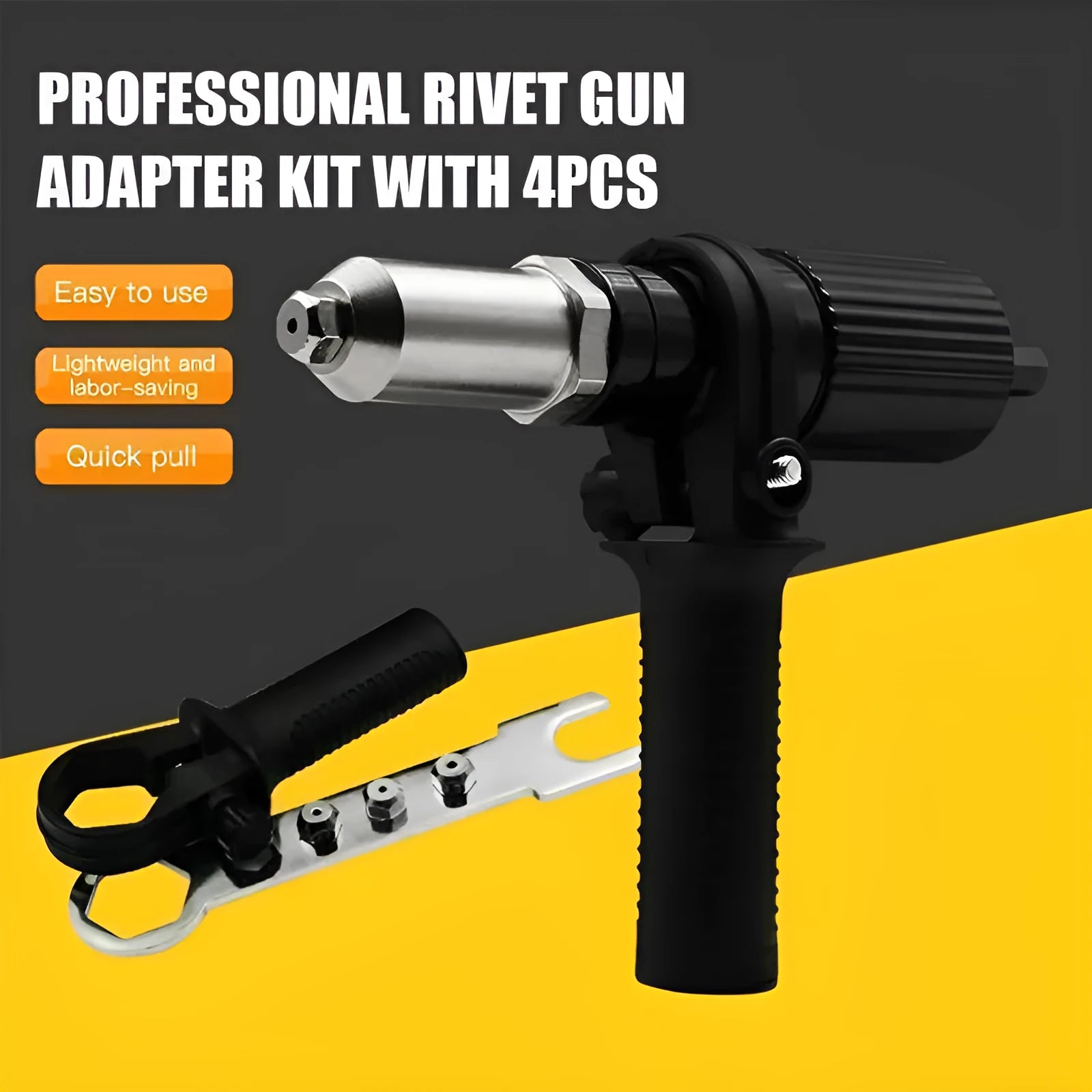 Alloy steel electric drill rivet gun adapter with four rivet heads, a handle, and a wrench.