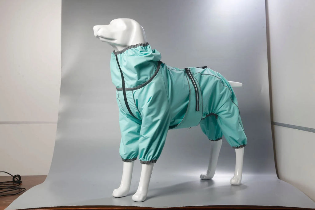 Cotton-padded dog shell jacket in four colours: red, black, light blue, and grey, shown on a model dog