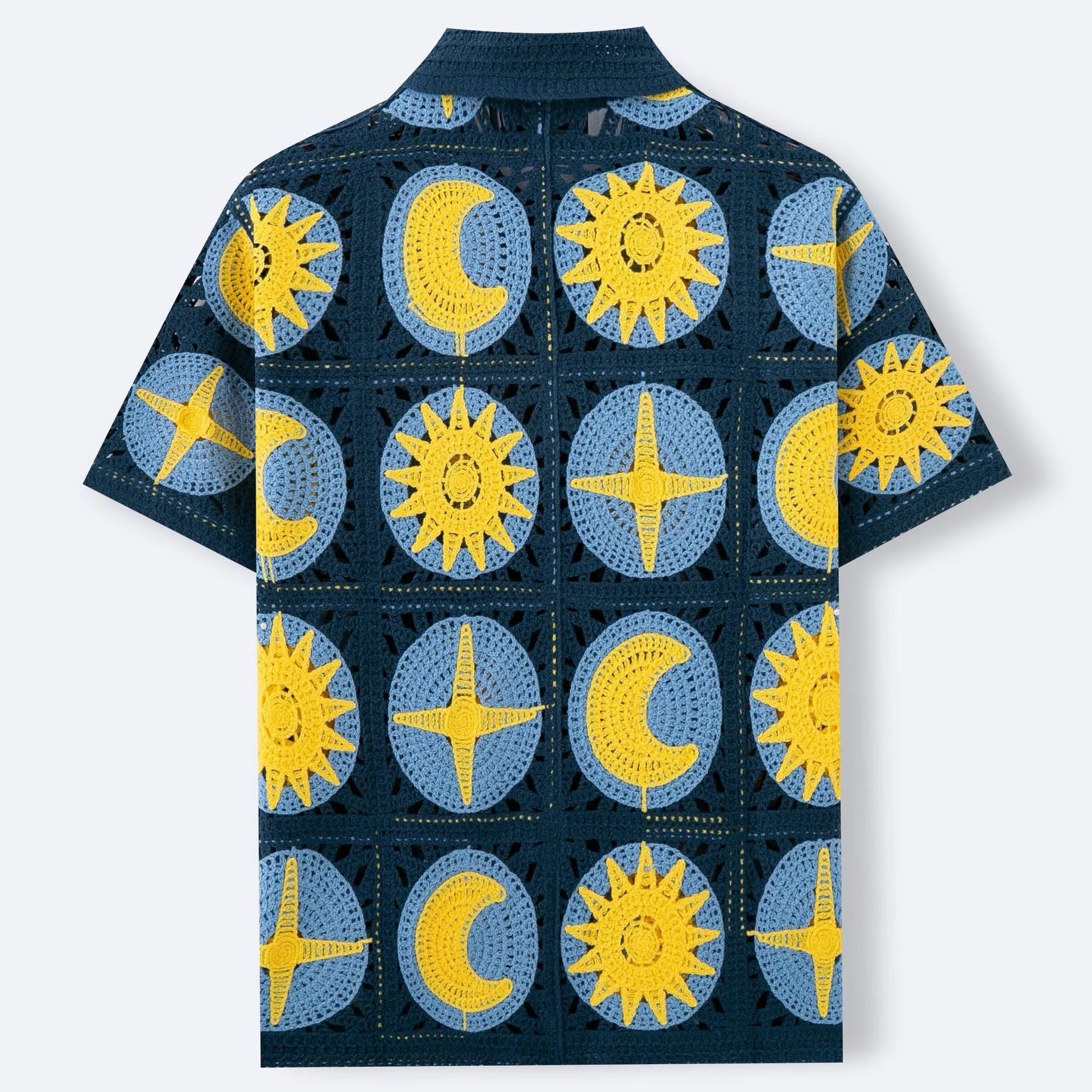 Men's navy blue short-sleeved cardigan with cartoon flocking pattern, thin acrylic summer sweater
