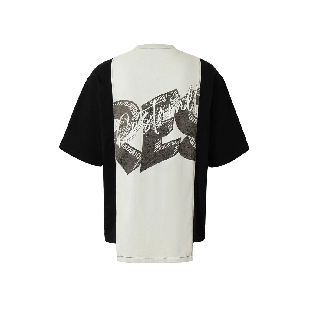 Black and white broken collage print on a loose-fit cotton blend T-shirt for streetwear.