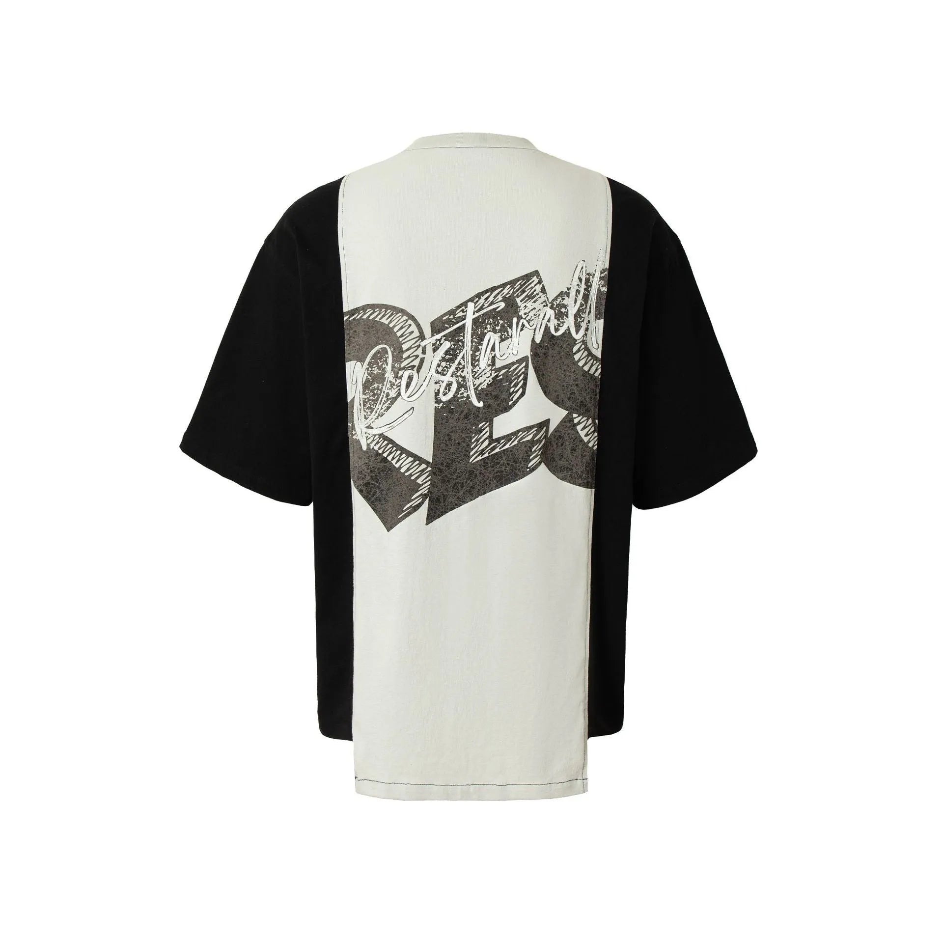 Black and white broken collage print on a loose-fit cotton blend T-shirt for streetwear.