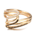 Close-up of a women's copper ring with micro-inlaid zircon stones and a silver-toned electroplated finish.