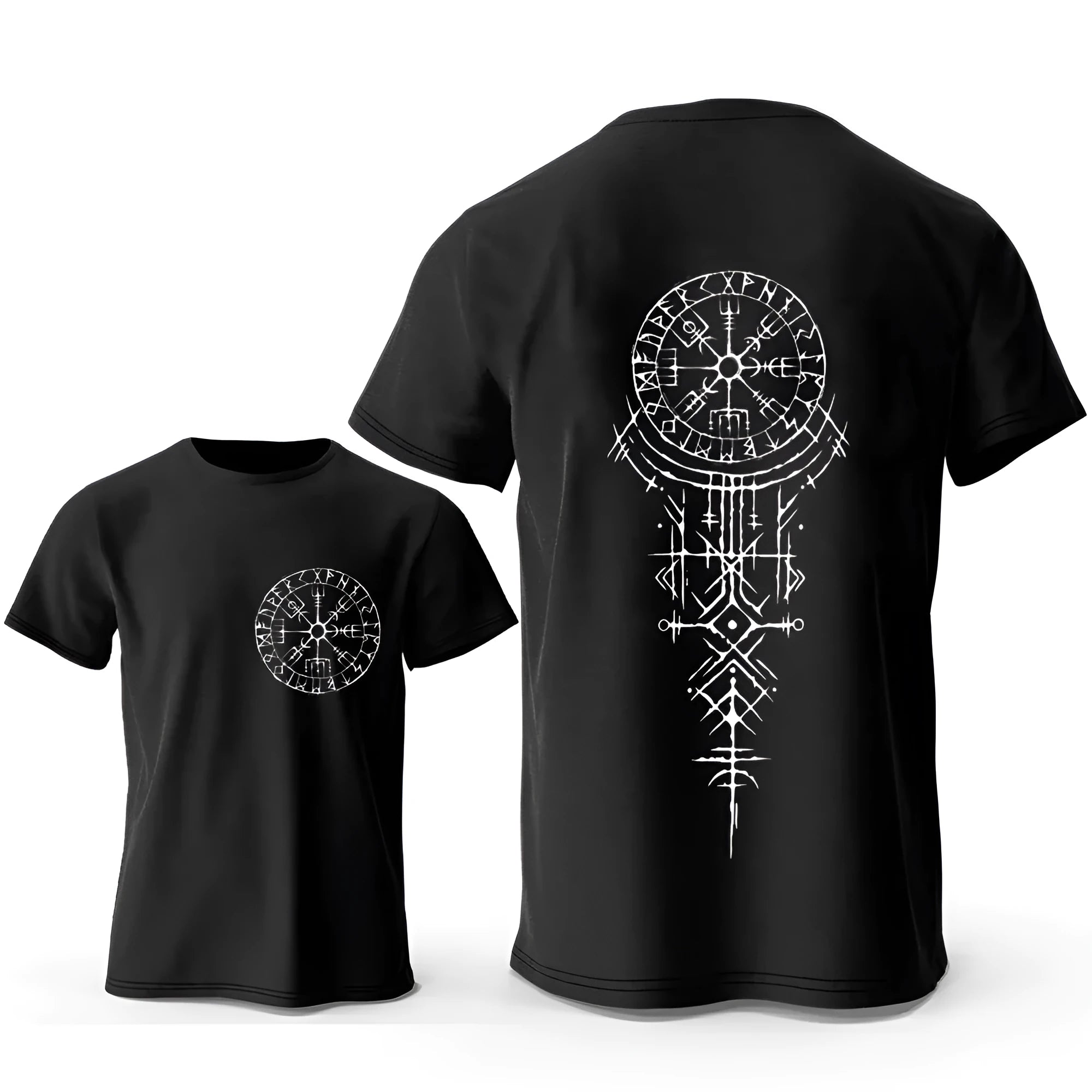 Men's grey T-shirt with a detailed Viking rune compass and smiling face graphic print on the front.