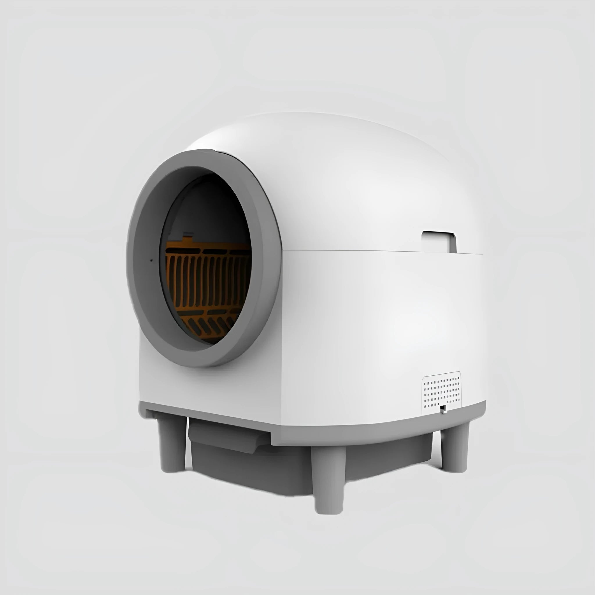 White automatic self-cleaning enclosed cat litter box with ABS plastic construction.
