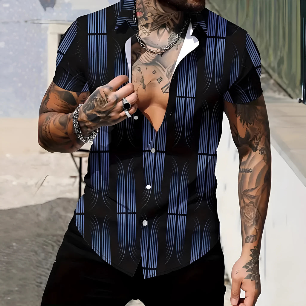 Men's geometric line print short sleeve shirt with lapel neckline in slim fit