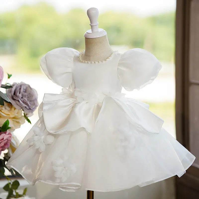 White polyester princess-style girls' piano performance dress for recitals, available in sizes 80cm to 130cm