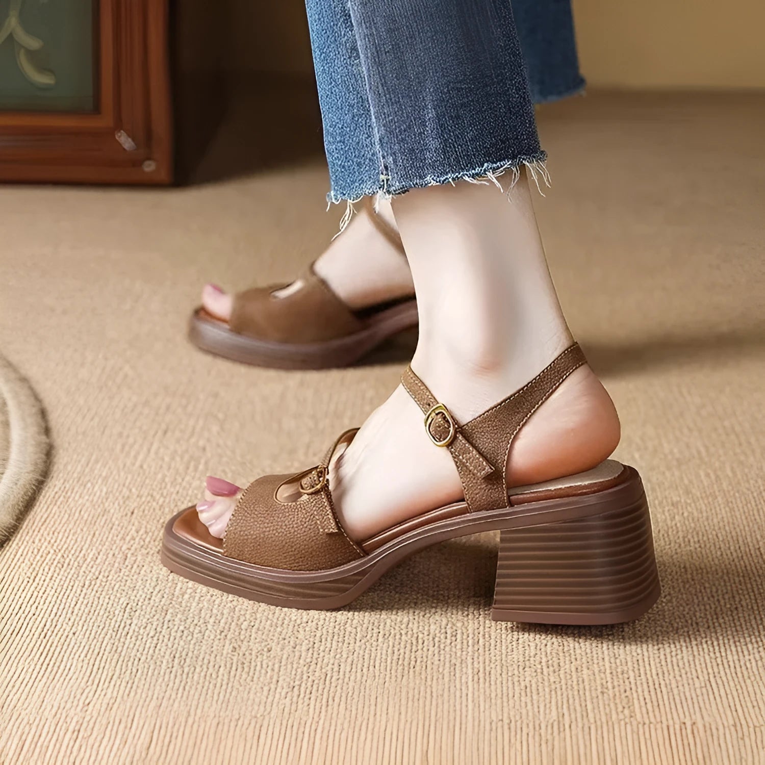 Women's open toe square toe retro platform sandals in brown colour with rubber sole