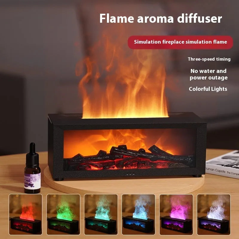 Square black flame effect aromatherapy diffuser with coloured LED lights and mist emitting, remote control beside it.
