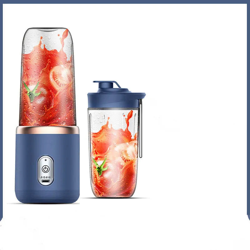 Portable dark blue blender and juicer with six blades, USB charging cable, and 400ml plastic cup.