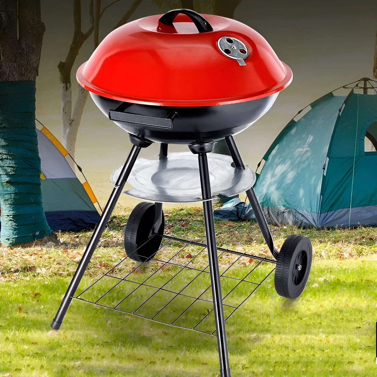 Portable 14-inch iron barbecue grill with minimalist apple stove design.