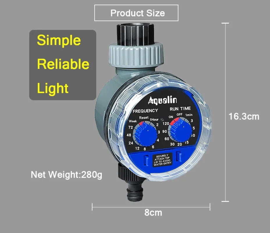 Battery-operated automatic garden watering timer with programming display and faucet connection