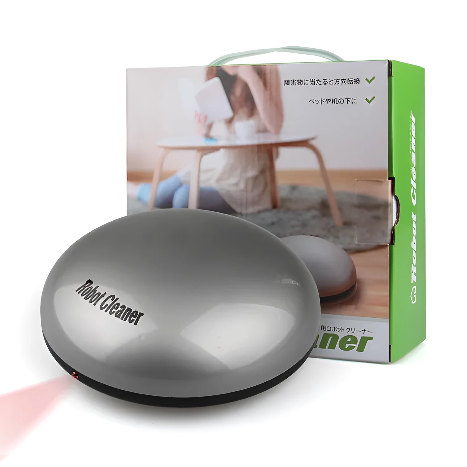 Silver-coloured compact automatic sweeping robot vacuum cleaner on a wooden floor.