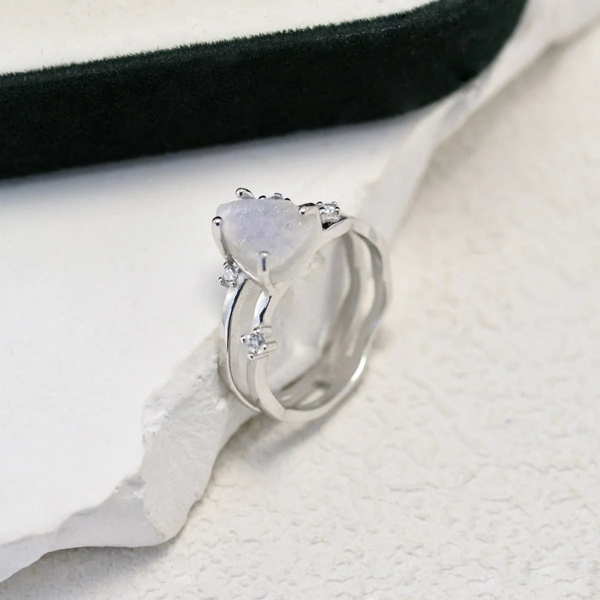 S925 silver irregular triangular moonstone ring in rose gold, white gold, or yellow gold finish.