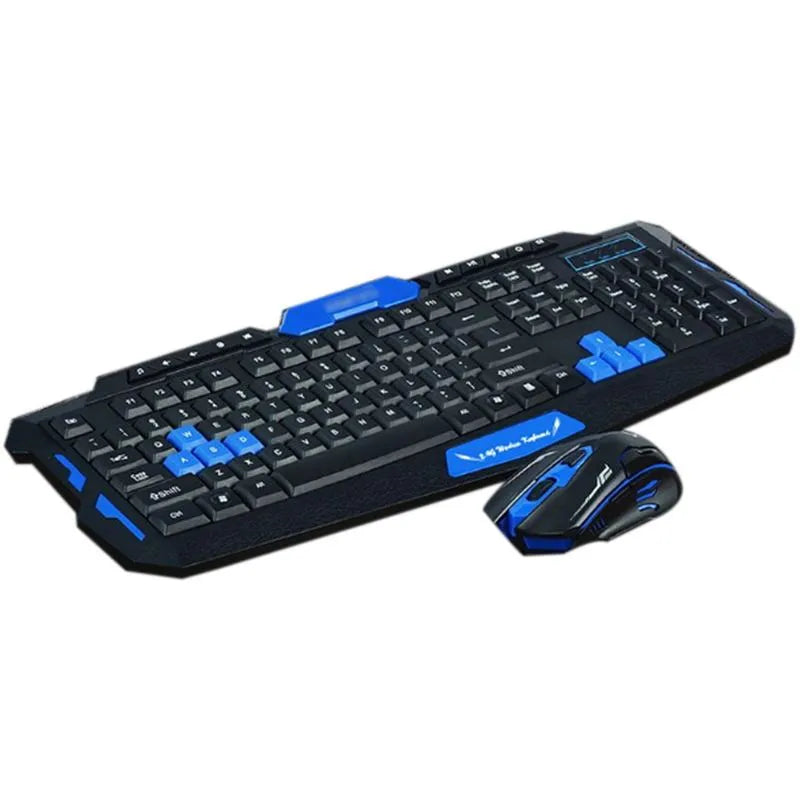 Black and blue wireless keyboard and mouse set on desk showing waterproof design