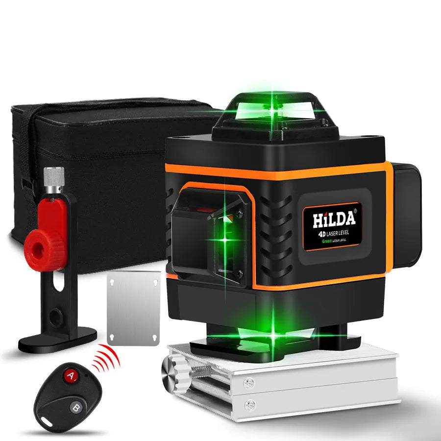 Rotating laser level with orange display showing 16 levelling lines and charging port