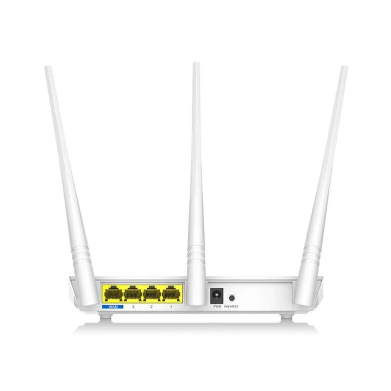 White dual-band wireless broadband router on a desk.