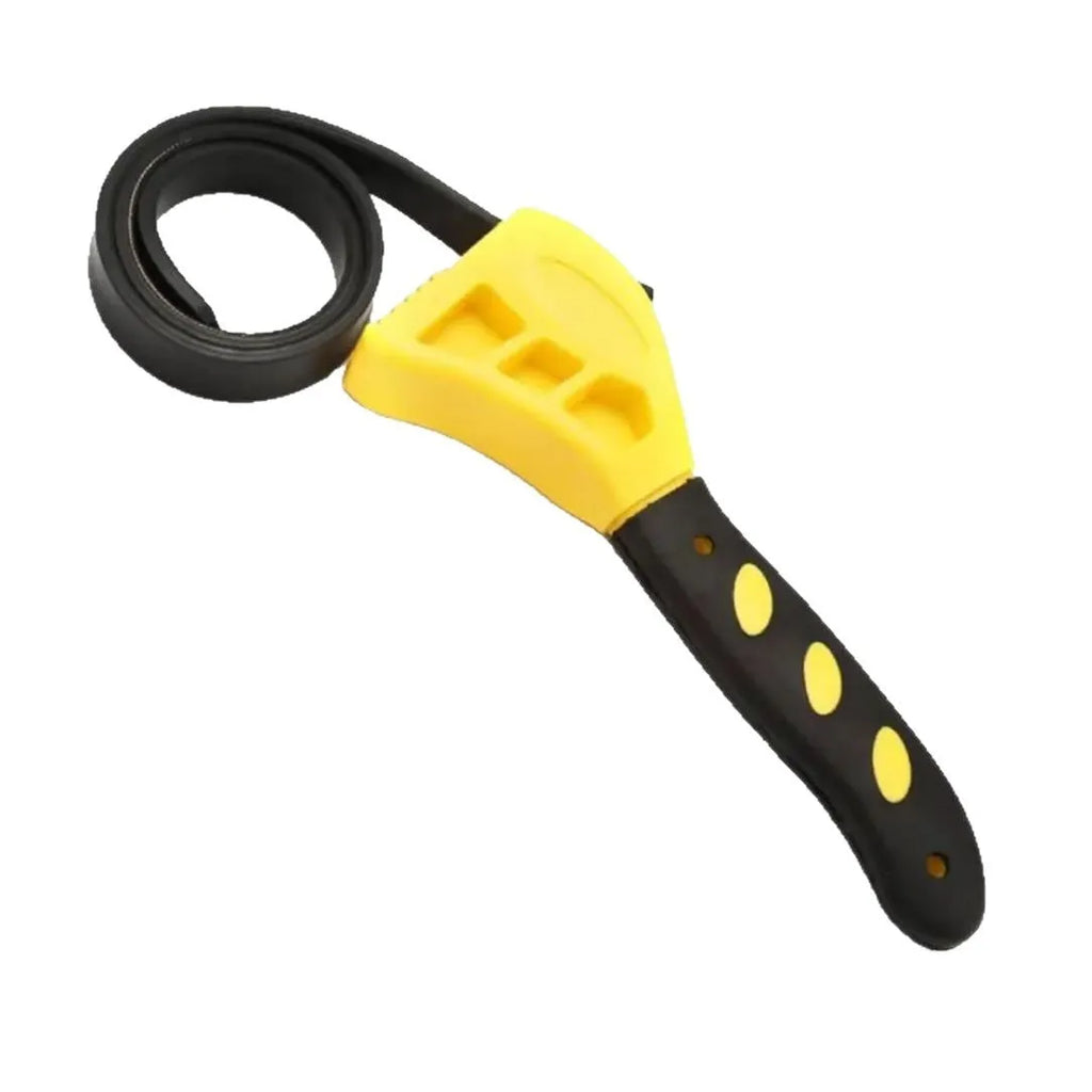 Adjustable rubber strap wrench tool set showing 6-inch and 8-inch sizes with plastic handle and phosphated metal.