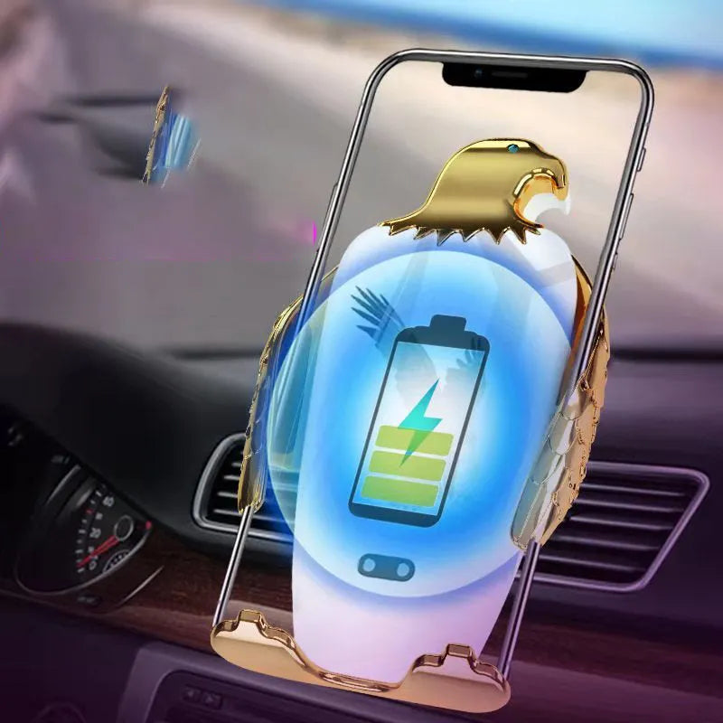Car phone holder with wireless charging base and suction cup mount in Eagle style