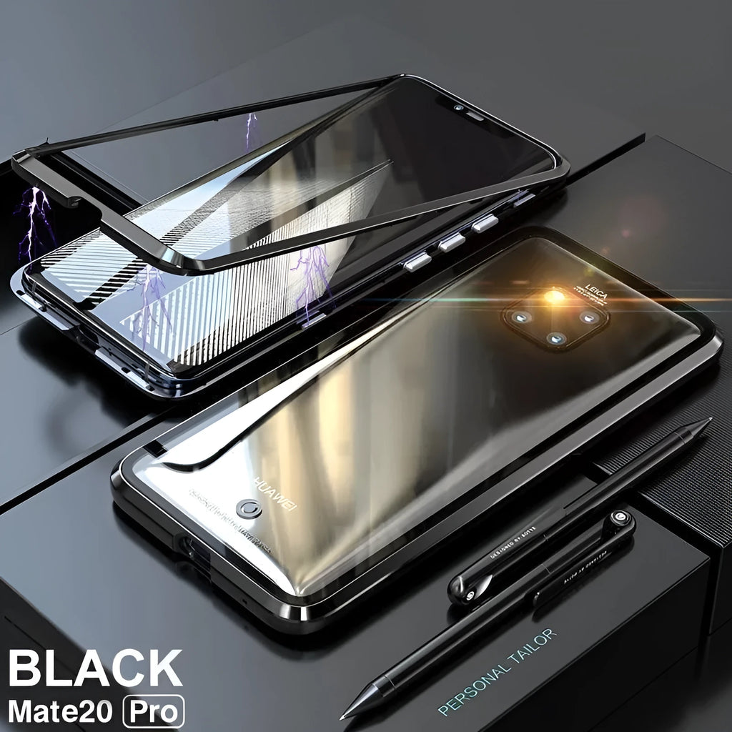 Black magnetic metal phone case with glass back for Huawei P30 Pro.