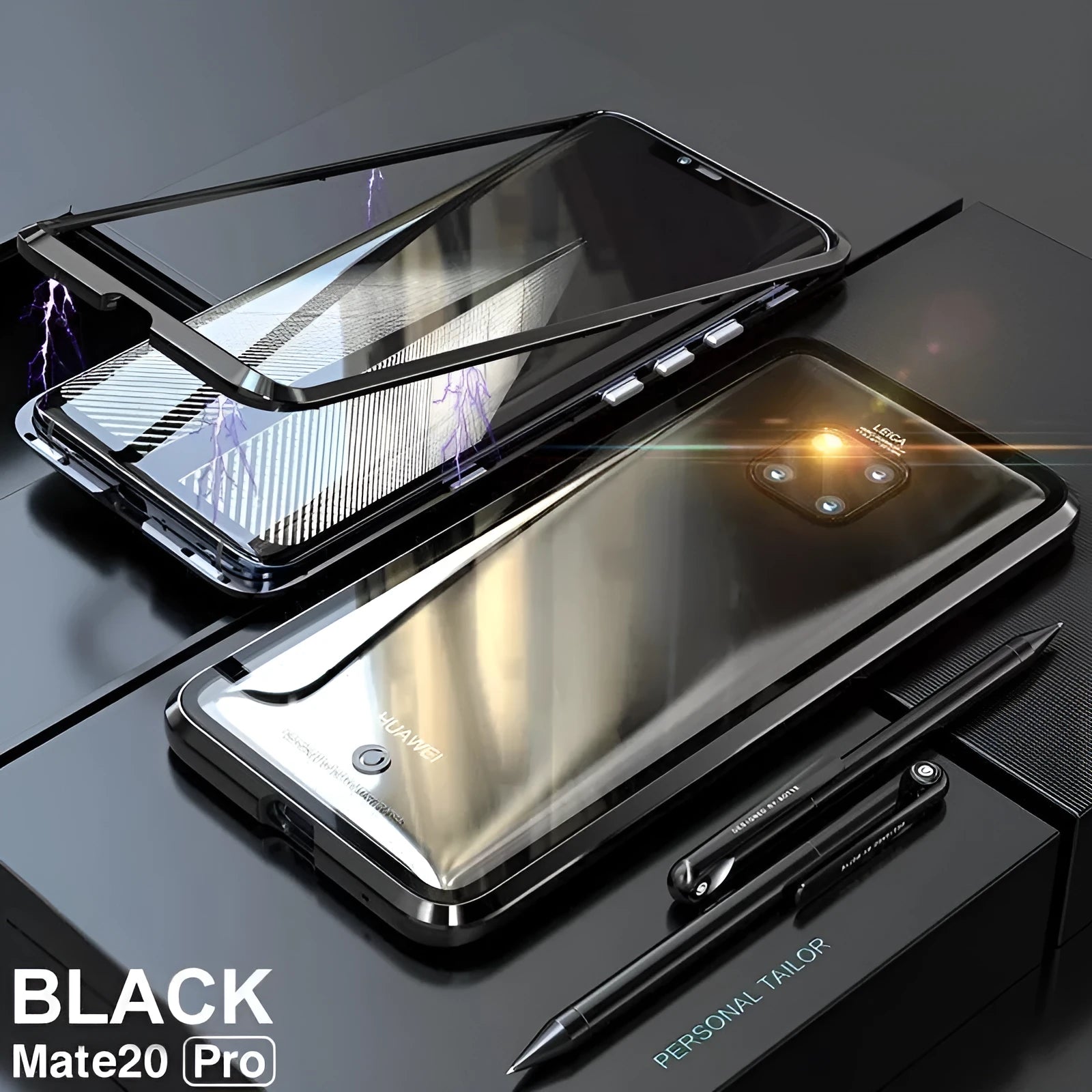 Black magnetic metal phone case with glass back for Huawei P30 Pro.
