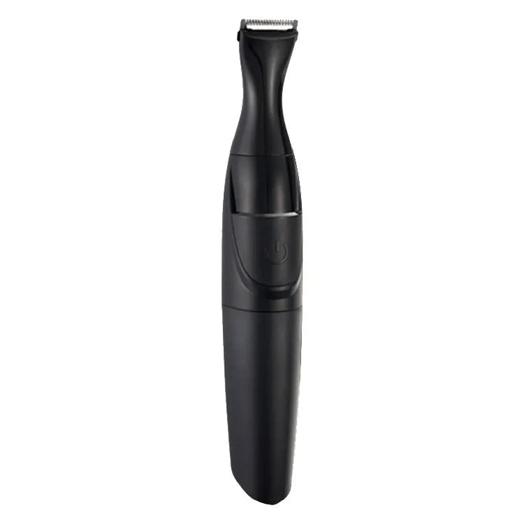 Men's black electric trimmer with reciprocating head, three positioning combs, and cleaning brush for beard and nose hair grooming