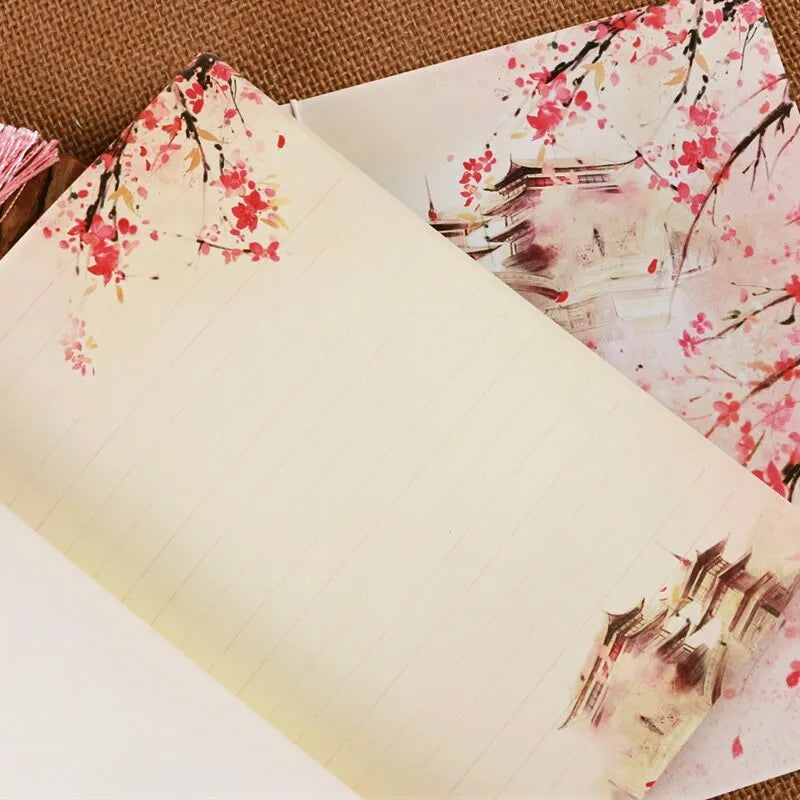 Azalea coloured Chinese style notebook with thread binding, showing its 208mm by 140mm size.