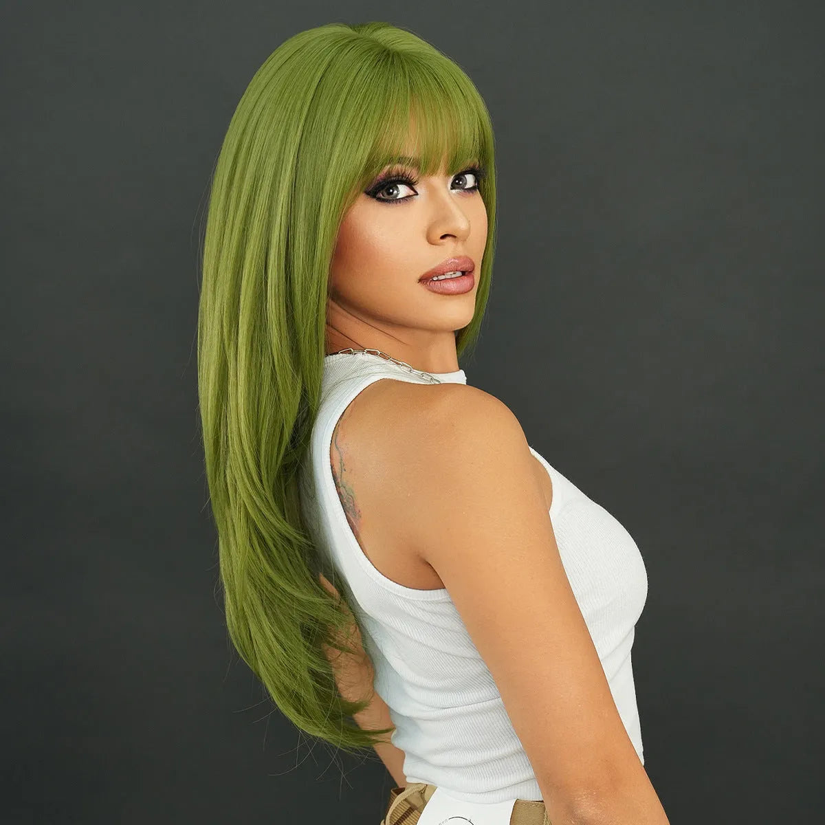 Vanilla green long straight women's wig with bangs measuring 63cm made from domestic silk