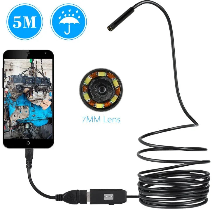 OWSOO USB endoscope with 5m cable, 7mm lens, six LEDs, and magnet hook attachments