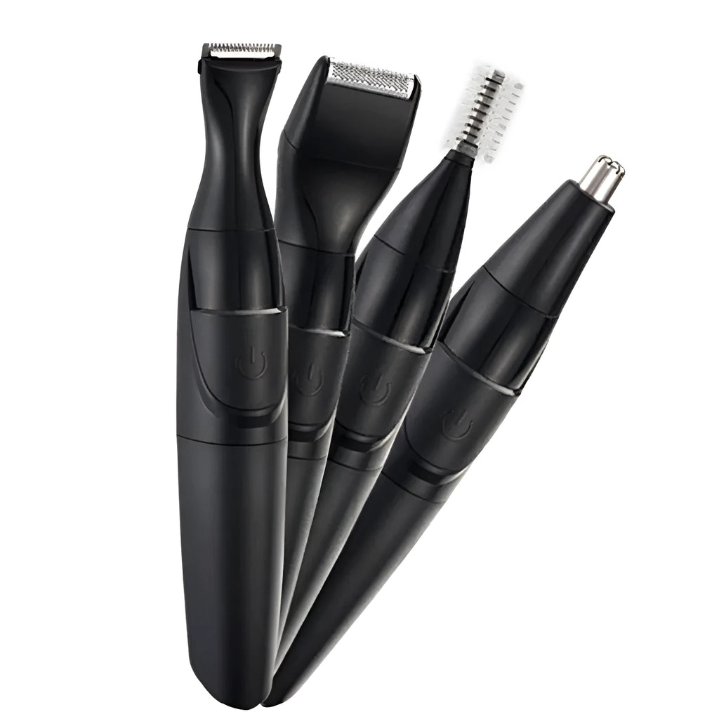 Men's black electric trimmer with reciprocating head, three positioning combs, and cleaning brush for beard and nose hair grooming