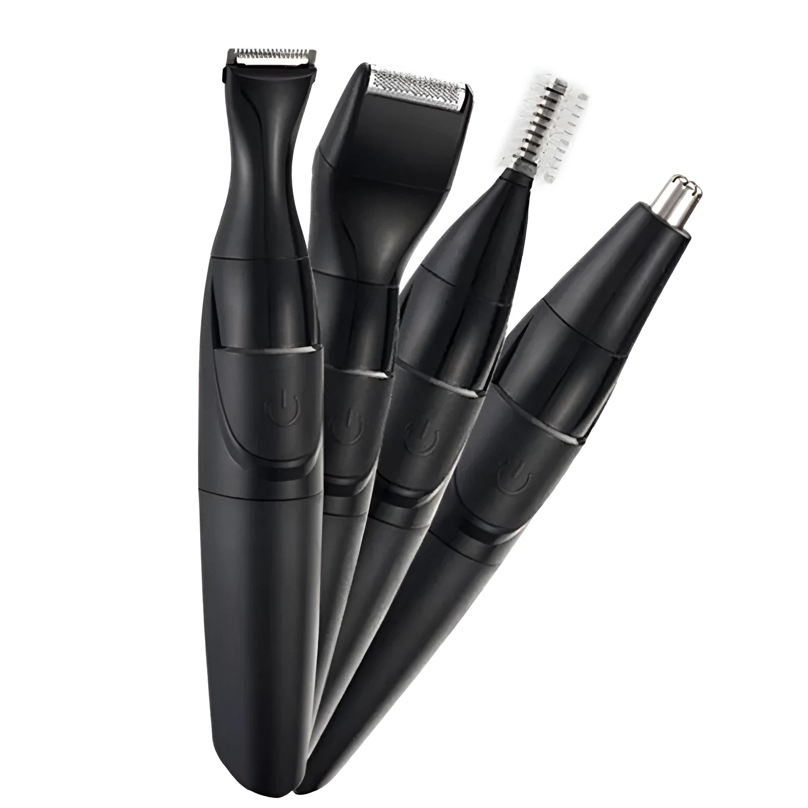 Men's black electric trimmer with reciprocating head, three positioning combs, and cleaning brush for beard and nose hair grooming
