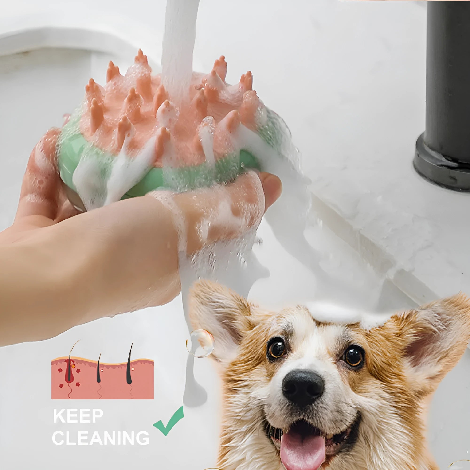 Blue and green pet bathing brush with integrated shampoo dispenser and silicone bristles.