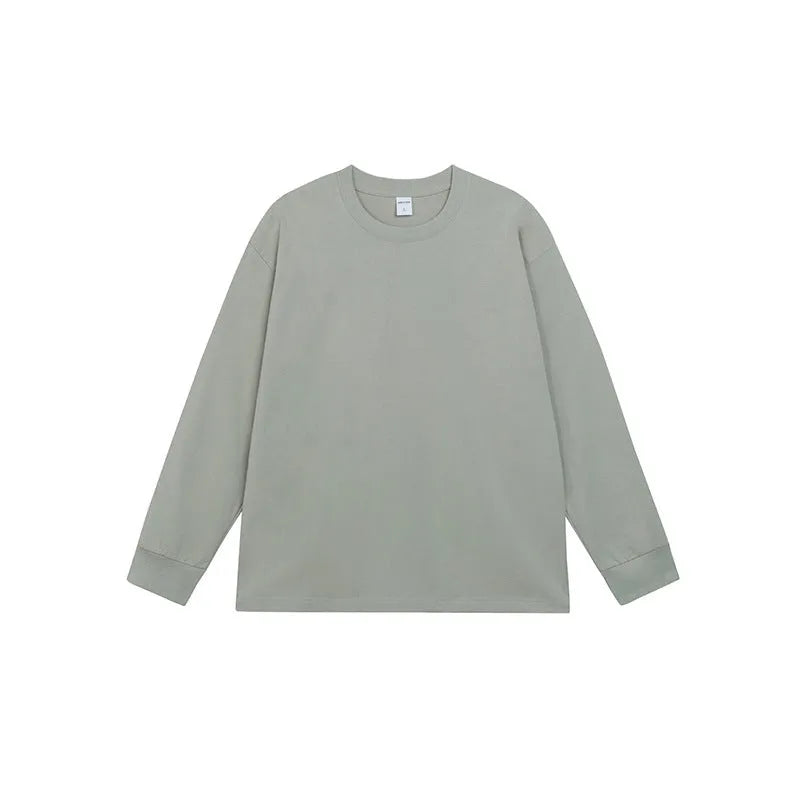 Men's loose fit long sleeve cotton t-shirt in solid colours showing size range