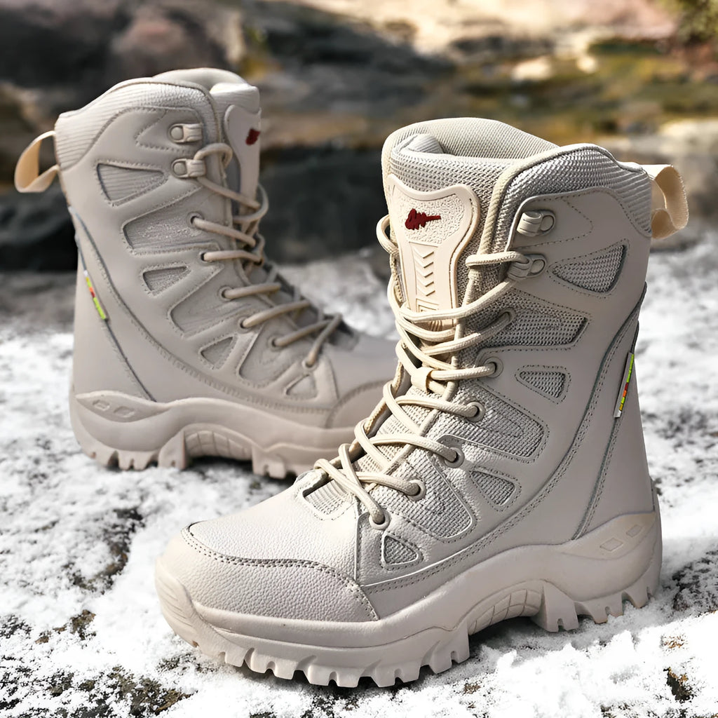 Men's cowhide leather hi-top hiking shoes with platform sole in beige colour