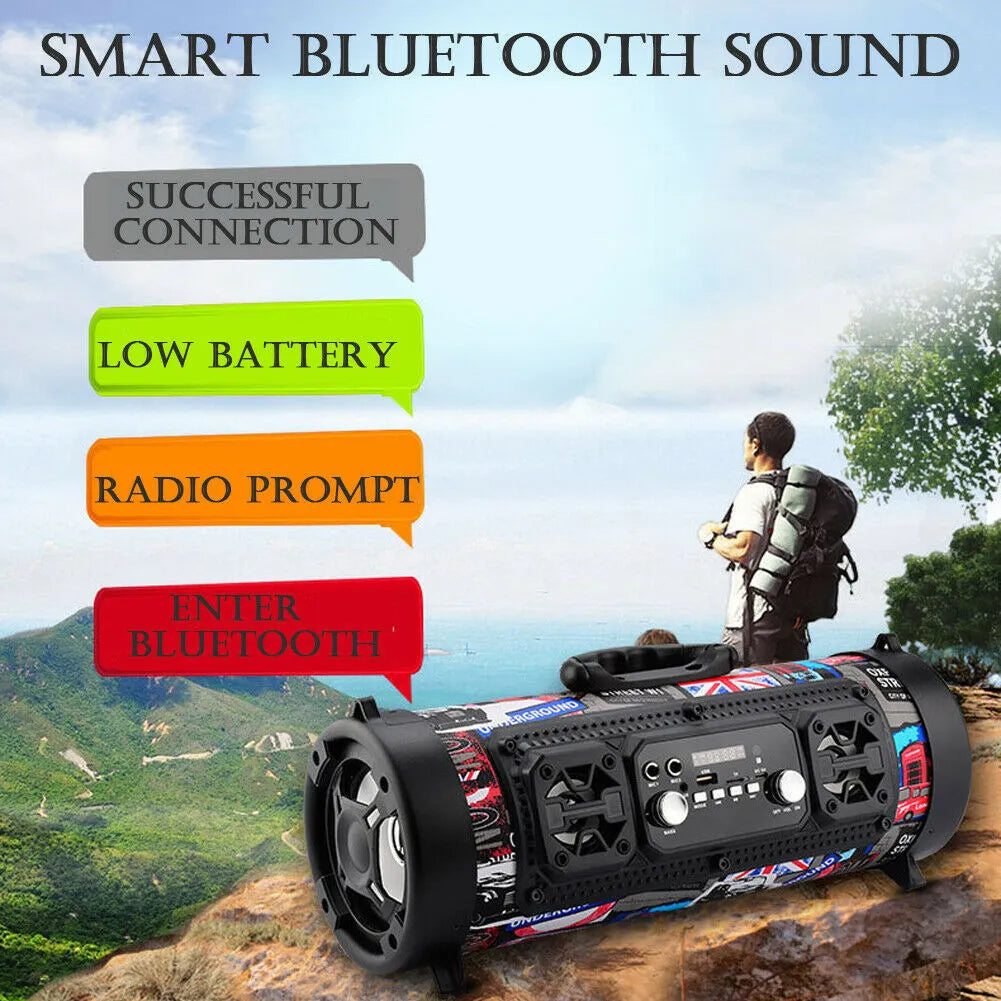 High-power portable wireless Bluetooth speaker with ABS casing, USB port, and controls; available in black.