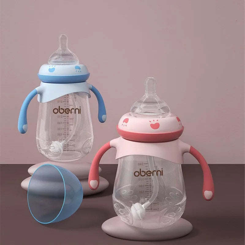 Wide caliber baby bottle with handle in gourd shape, available in blue, green, and red colours