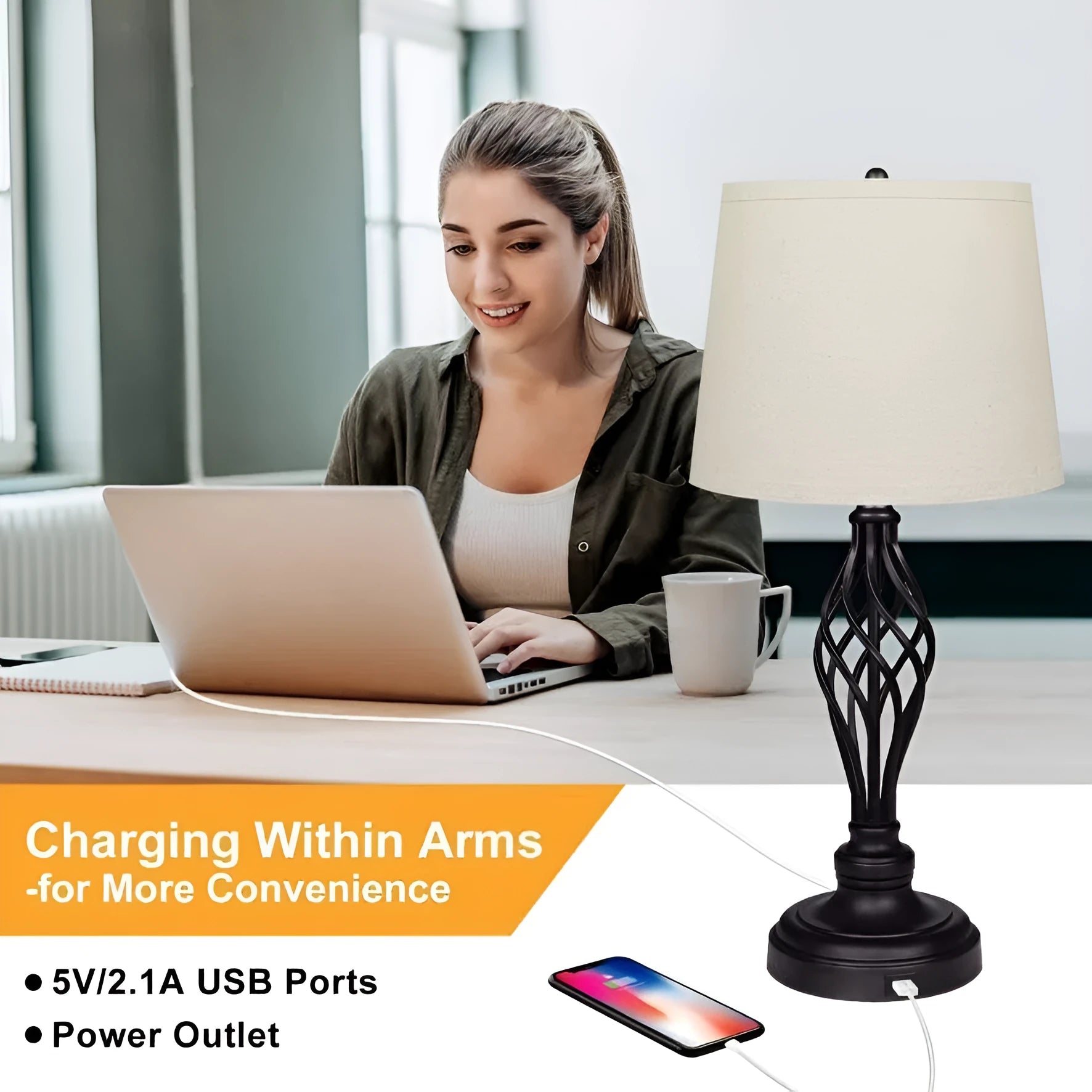 European style alloy bedside lamp with touch dimming, cold warm light, and USB charging port.