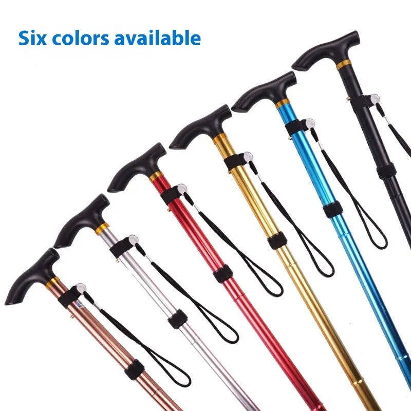 Adjustable aluminium folding cane in multiple colours, shown extended and folded.