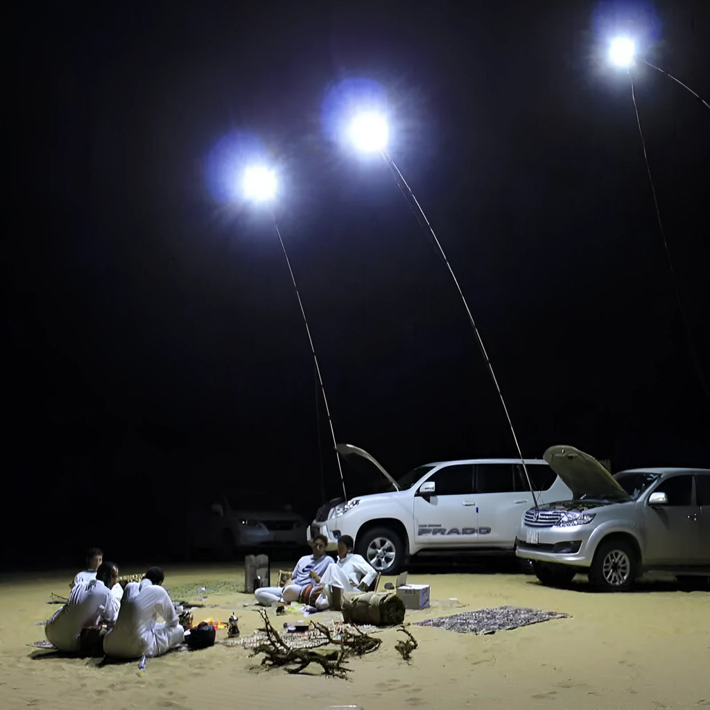 White LED fishing rod light unit mounted on a tall telescopic pole with a remote control