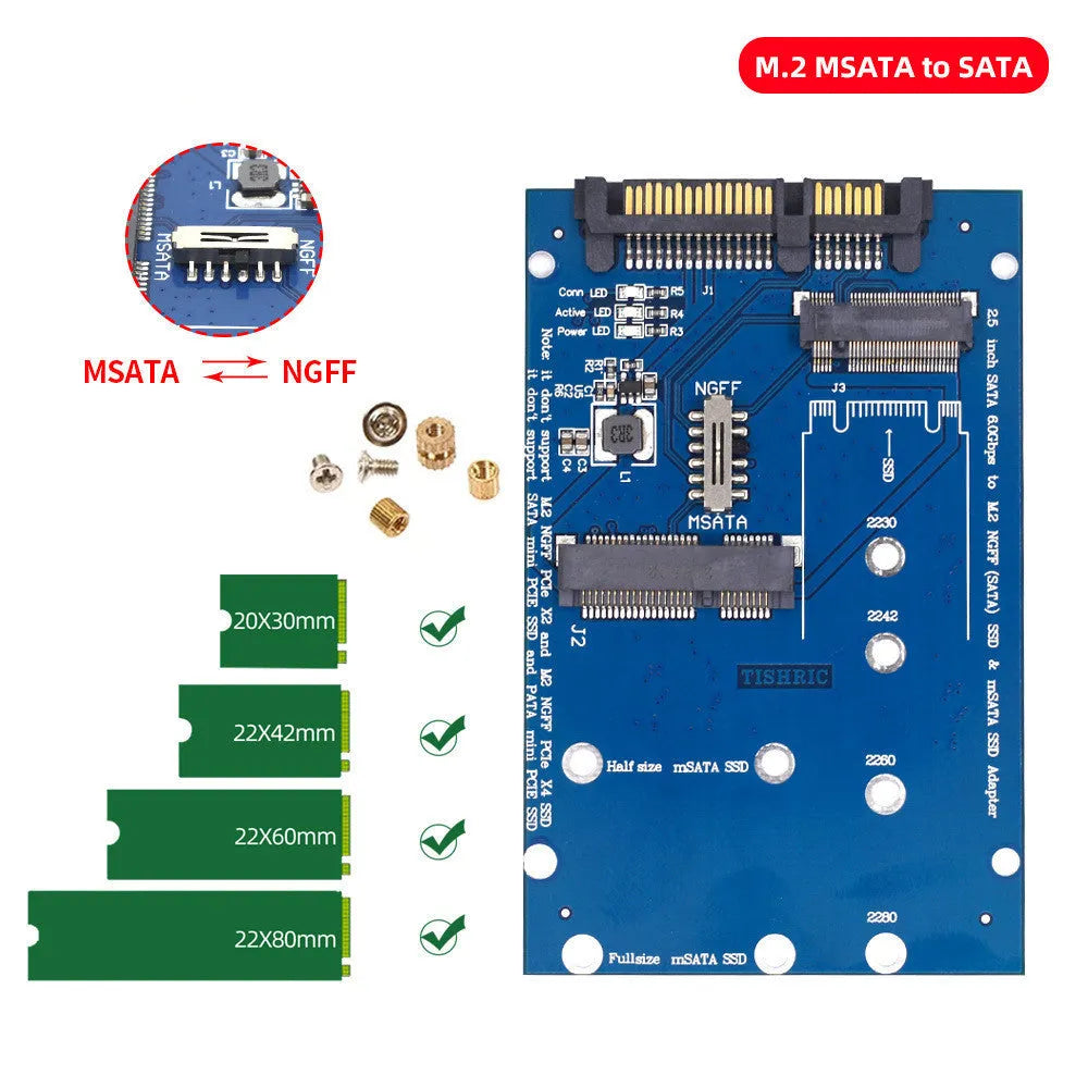 SATA3 to M.2 NGFF MSATA SSD conversion adapter card on circuit board, black or blue colour options