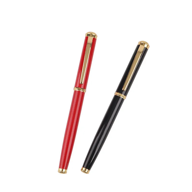 Red and black metal ballpoint pens with 0.5mm fine writing tips on white background